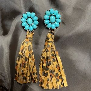 Long leopard tassel earrings with turquoise flower stone